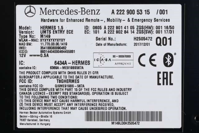 Styreenhet bluetooth til Mercedes C-Klasse 2014-2018 (Fase 1) (W205) (W205) (MERCEDES|A 222 900 53 15|)