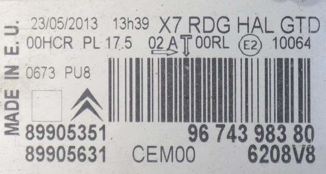 Frontlykt venstre halogen til Citroën C5 2008-2017 (Type II)  (CITROEN|96 743983 80|)