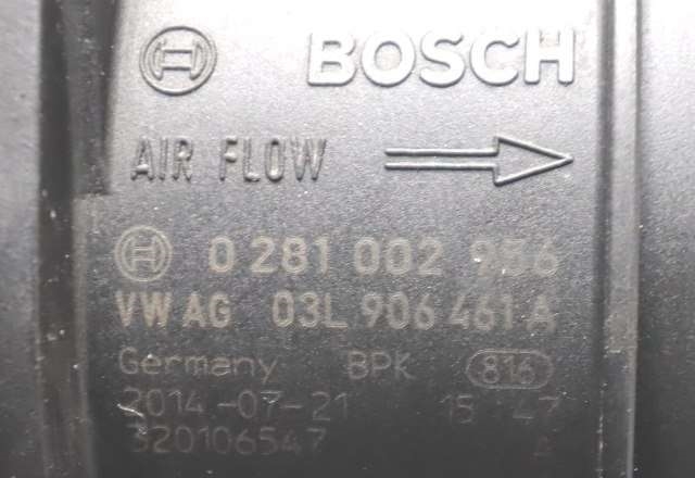 Luftmengde/luftmassemåler til VW Transporter / Caravelle 2009-2015 (Fase 2) (T5) (T5) (BOSCH|0 281 002 956|03L 906 461 A|)