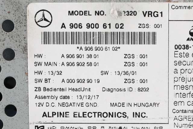Bilstereo navigasjon til Mercedes Sprinter 2013-2018 (Fase 2) (906) (906) (MERCEDES|A 906 900 61 02|)