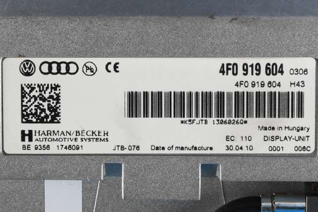 Bilstereo navigasjon skjerm til Audi A4 2007-2014 (Type IV) (B8) (B8) (VAG|4F0 919 604|)