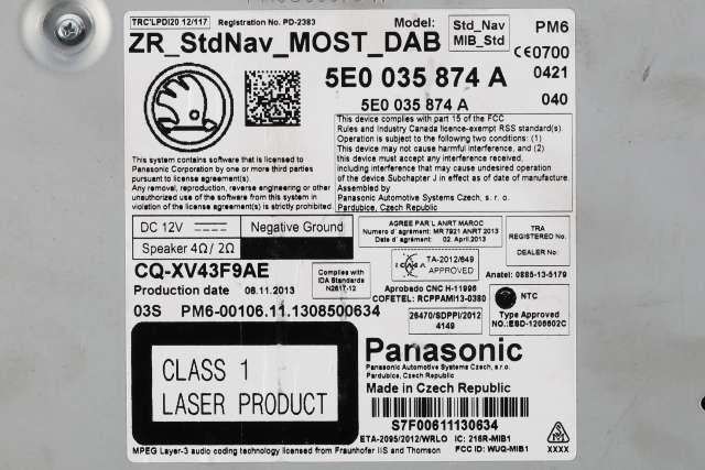 Bilstereo til Škoda Octavia 2013-2016 (Type III, Fase 1)  (VAG|5E0 035 874 A|)