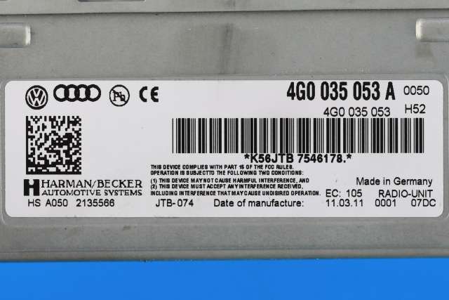 Bilstereo til Audi A7 2010-2014 (Type I, Fase 1) (VAG|4G0 035 053 A|)