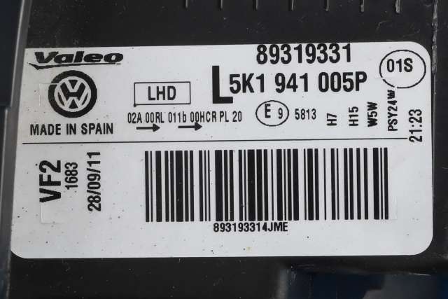 Frontlykt venstre halogen til VW Golf VI 2008-2012 (VAG|5K1 941 005 P|)