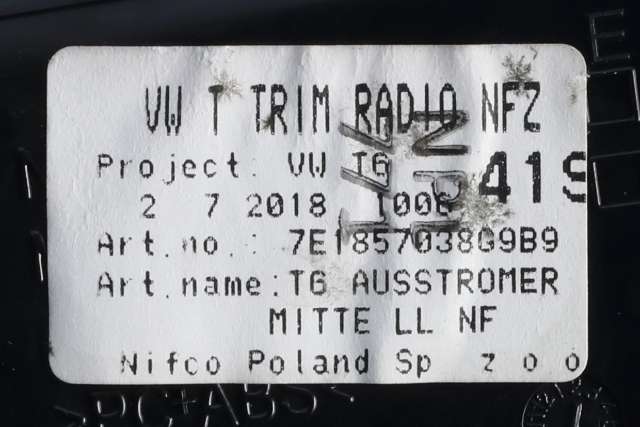 Dashbord friskluftdyse midtkonsoll til VW Transporter / Caravelle 2015-2019 (T6) (T6) (VAG|7E1 857 038 G|)