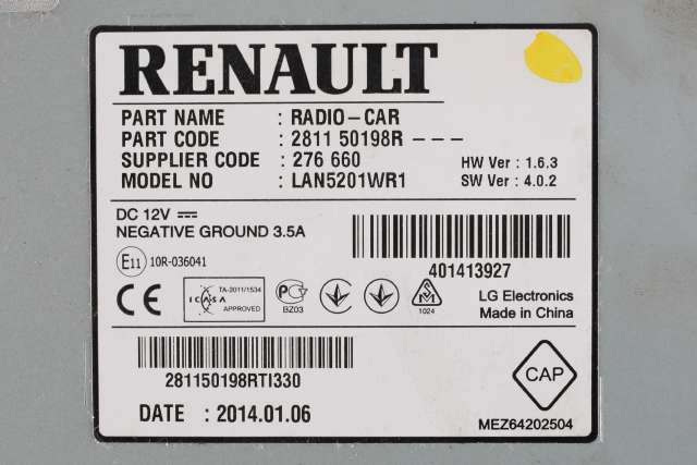 Bilstereo navigasjon til Renault Captur 2013-2020 (Type I)  (RENAULT|2811 50198R|)