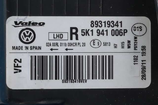 Frontlykt høyre halogen til VW Golf VI 2008-2012  (VAG|5K1 941 006 P|)