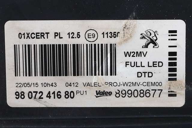 Frontlykt høyre full-LED til Peugeot 508 2014-2018 (Type I, Fase 2) (PEUGEOT|98 072416 80|)