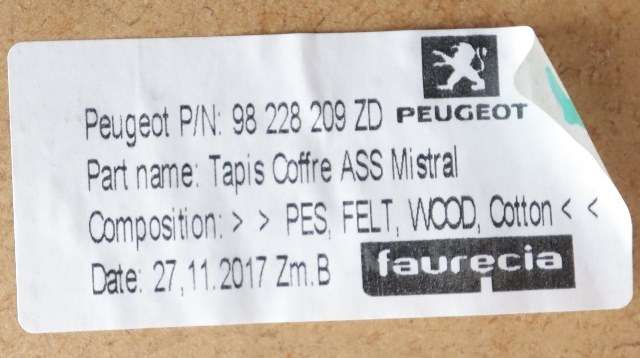 Bagasjerom teppe/gulvplate til Peugeot 208 2012-2019 (Type I)  (PEUGEOT|98 228209 ZD|)