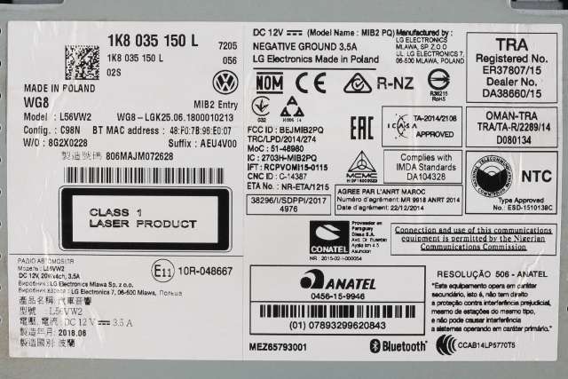 Bilstereo til VW Caddy 2015-2020 (Type III, Fase 3)  (VAG|1K8 035 150 L|)