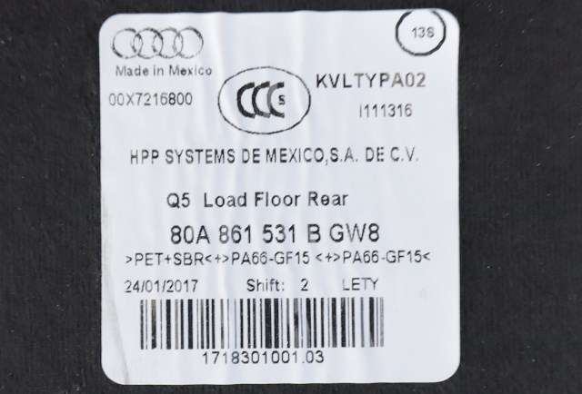 Bagasjerom teppe/gulvplate til Audi Q5 2012-2017 (Type I, Fase 2)  (VAG|80A 861 531 B|)