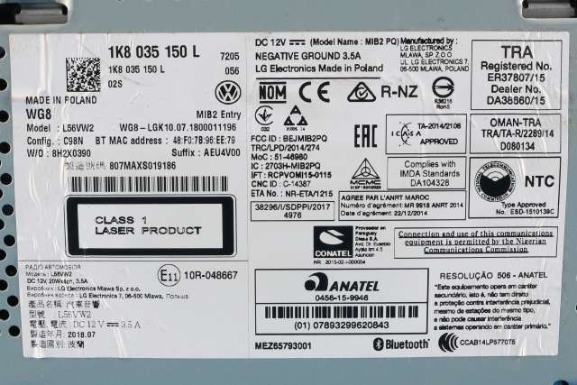 Bilstereo til VW Caddy 2015-2020 (Type III, Fase 3)  (VAG|1K8 035 150 L|)