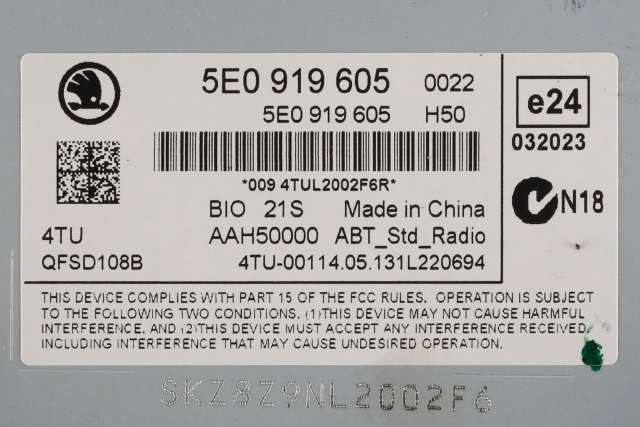 Bilstereo betjeningspanel til Škoda Octavia 2013-2016 (Type III, Fase 1)  (VAG|5E0 919 605|)