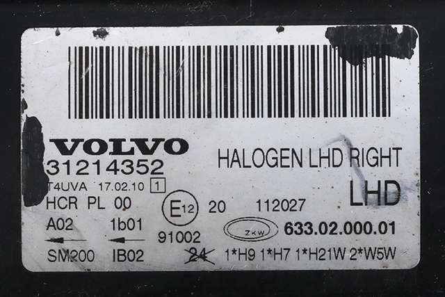 Frontlykt høyre halogen til Volvo V70 2007-2013 (Type III, Fase 1)  (VOLVO|31214352|)