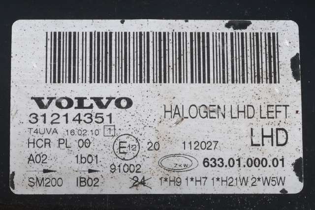 Frontlykt venstre halogen til Volvo V70 2007-2013 (Type III, Fase 1)  (VOLVO|31214351|)