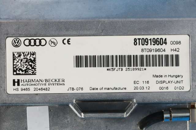 Bilstereo navigasjon skjerm til Audi A4, Allroad 2009-2016 (Type I) (B8) (B8) (VAG|8T0 919 604|)