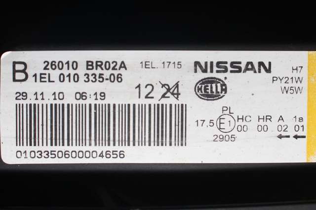 Frontlykt høyre halogen til Nissan Qashqai 2010-2014 (Type I, Fase 2) (HELLA|1EL 010 335-06|26010-BR02A|)