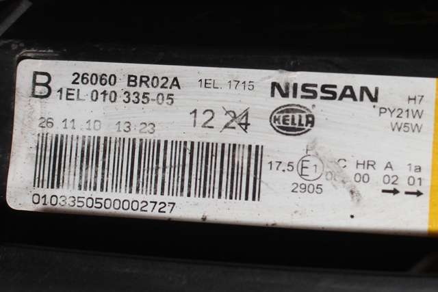 Frontlykt venstre halogen til Nissan Qashqai 2010-2014 (Type I, Fase 2) (HELLA|1EL 010 335-05|26060-BR02A|)