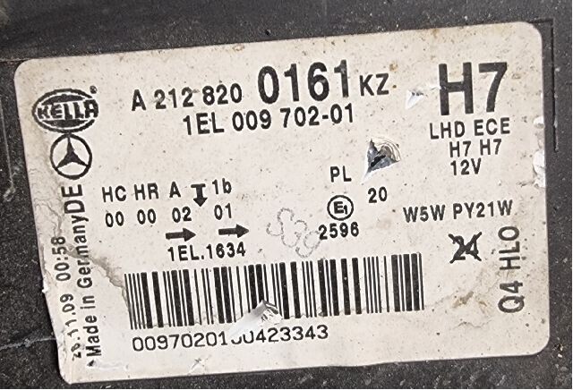 Frontlykt venstre halogen til Mercedes E-Klasse 2009-2013 (Fase 1) (W212) (W212) (MERCEDES|A 212 820 0161 KZ|HELLA 1EL 009 702-01|2596 2597 2620)