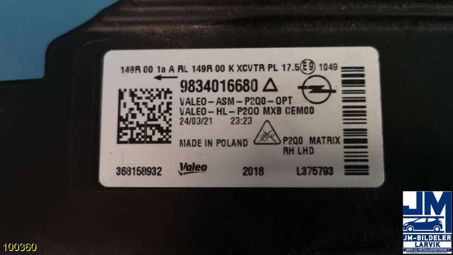 Frontlykt høyre halogen til Opel Mokka E 2020-->> (Type II)  (OPEL||9834016680)