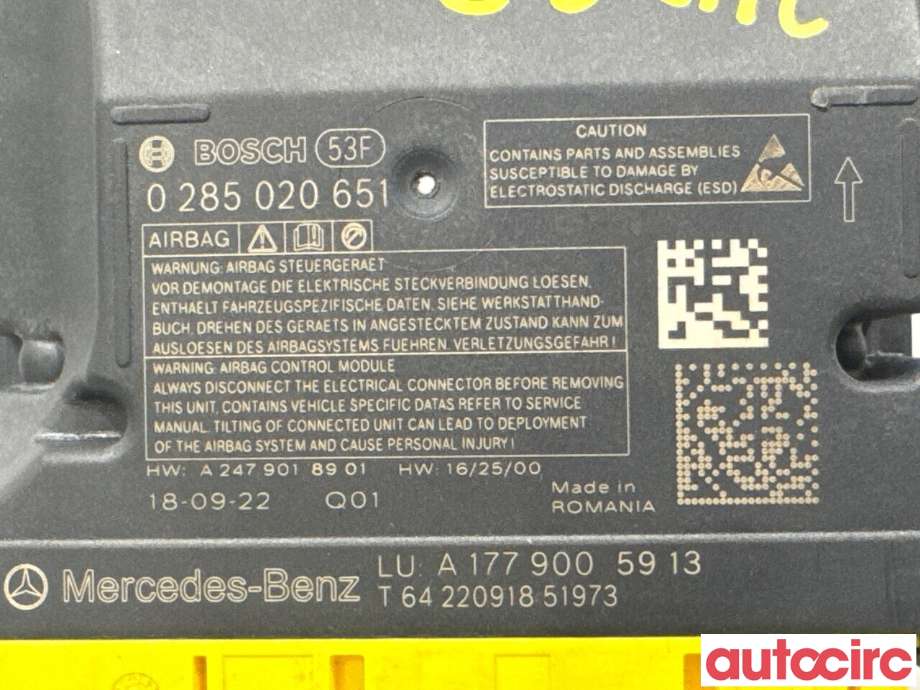 Airbag elektronikk til Mercedes EQA 2021-->> (MERCEDES|A1779005913|0285020651)