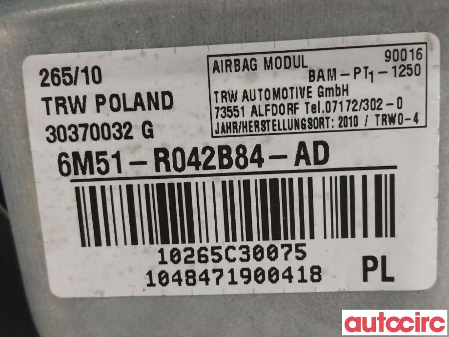 Airbag passasjer til Ford Kuga 2008-2012 (Type I) (FORD|1595017|6M51-R042B84-AD)