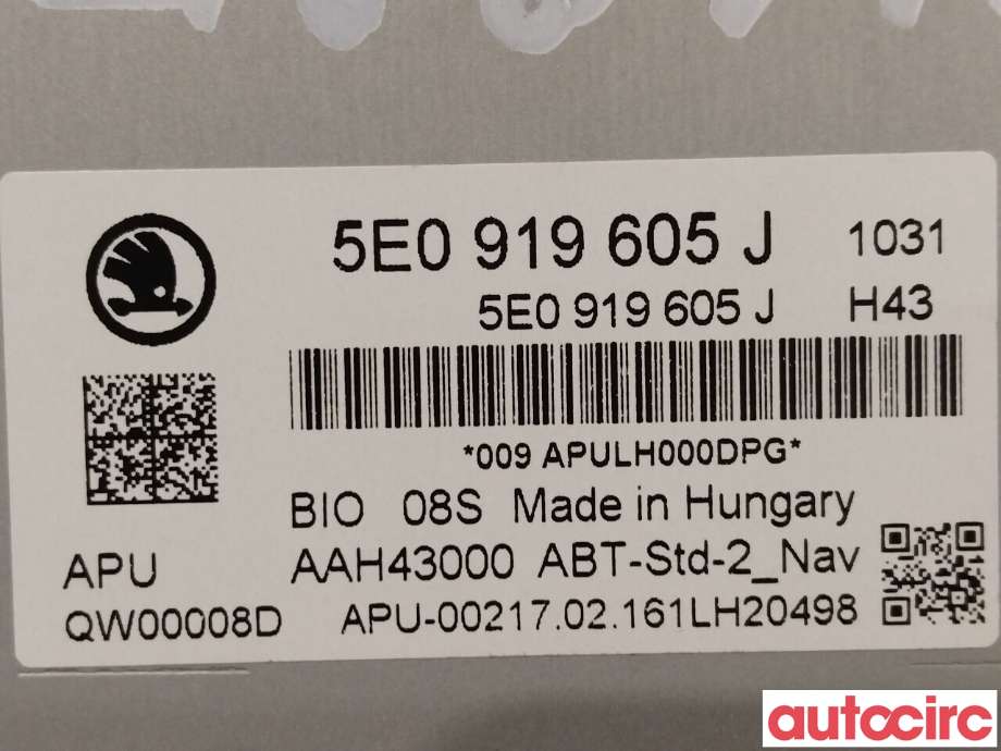 Multimedia display (MCU - Media Controller Unit) til Škoda Octavia 2013-2016 (Type III, Fase 1)  (SKODA|5E0919605J|QW00008D)