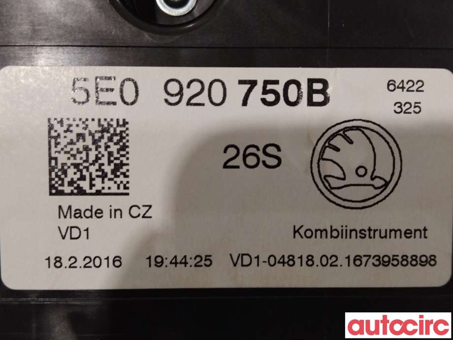 Instrumentpanel til Škoda Octavia 2013-2016 (Type III, Fase 1)  (SKODA|5E0920750B|)