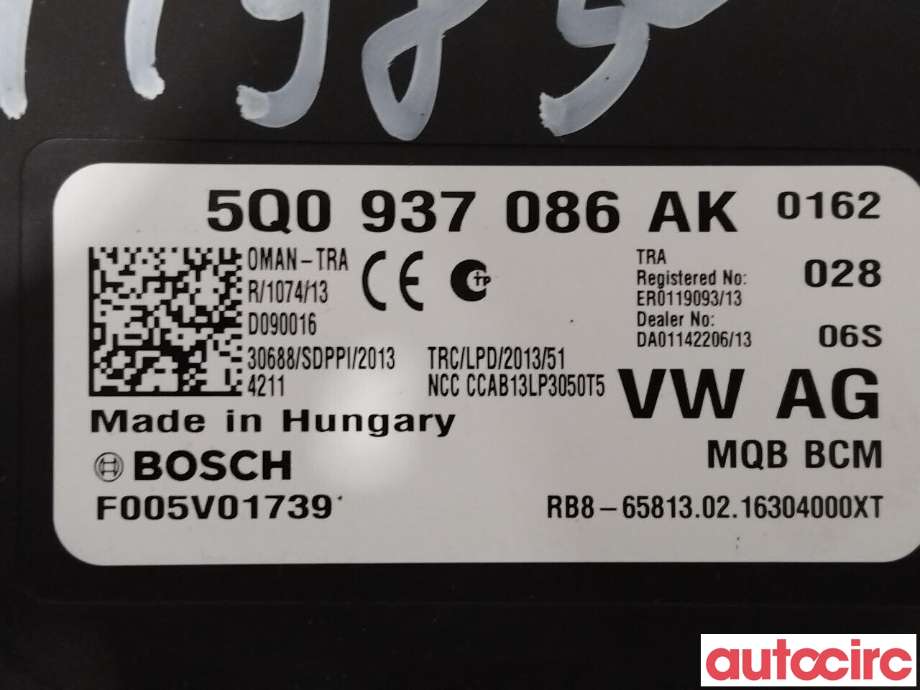 Styreenhet comfort (BCM) til Škoda Octavia 2013-2016 (Type III, Fase 1)  (SKODA|5Q0937086AK)