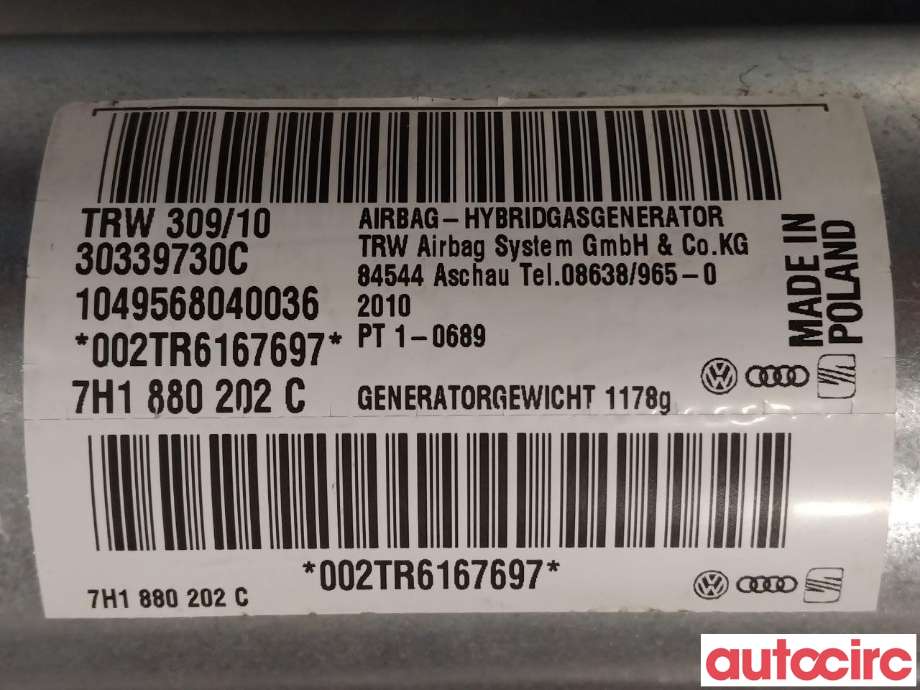 Airbag passasjer til VW Transporter / Caravelle 2009-2015 (Fase 2) (T5) (T5) (VOLKSWAGEN|7H1880202C)