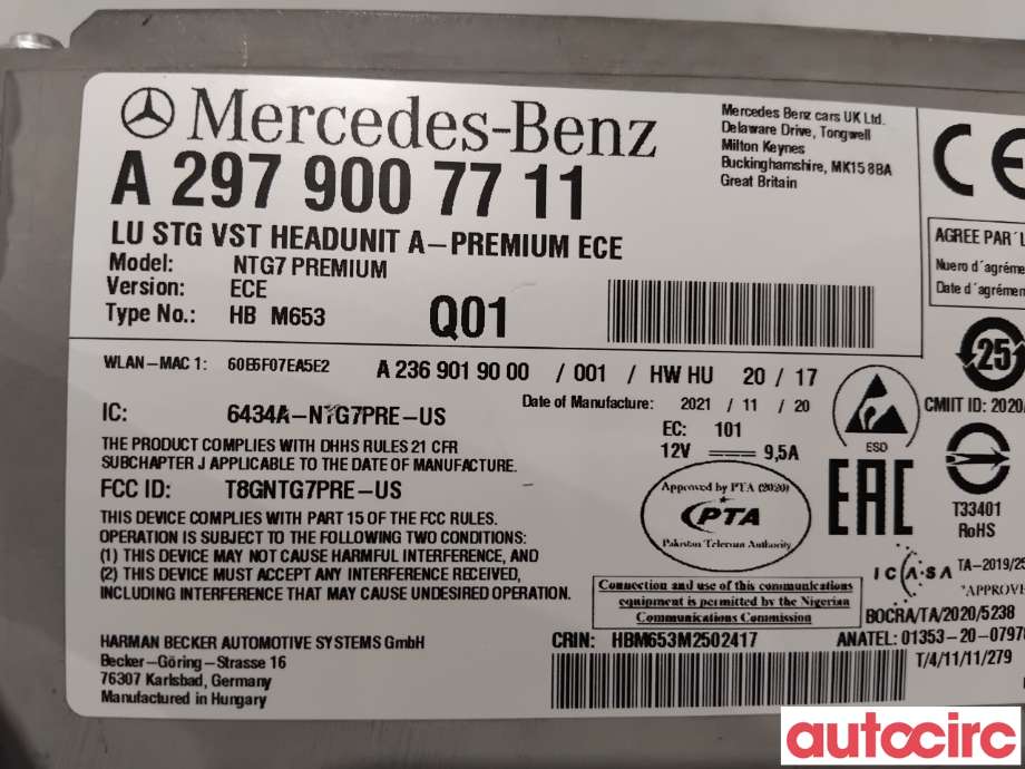 Bilstereo navigasjon til Mercedes EQS 2021-->> (V297) (V297) (MERCEDES|A2979004514|HBM653|A2979004617)