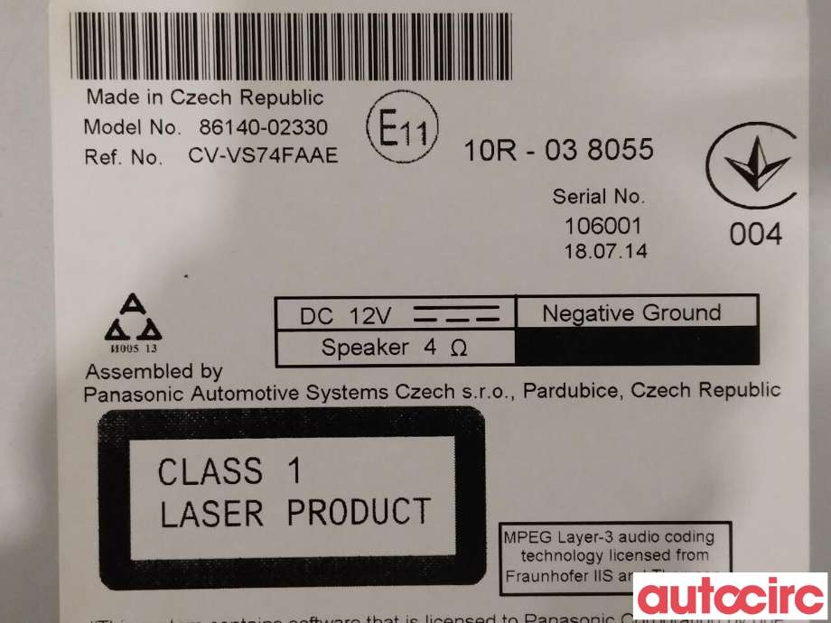 Bilstereo til Toyota Auris 2013-2015 (Type II, Fase 1) (TOYOTA|8614002330)