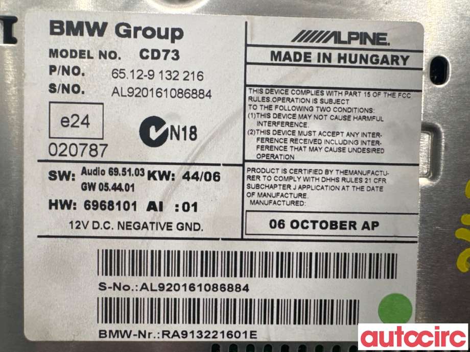 Bilstereo til BMW 3-Serie 2005-2011 (E90/E91/E92/E93) (E90/E91/E92/E93) (BMW|65125A98A59|CD73|6512-9132216)