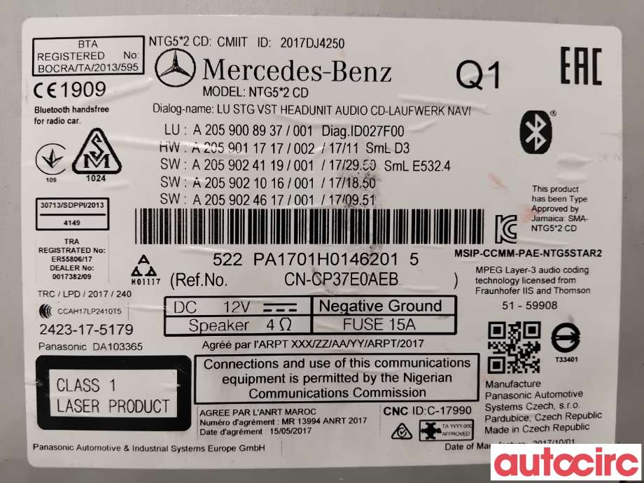 Bilstereo navigasjon til Mercedes C-Klasse 2018-2021 (Fase 2) (W205) (W205) (MERCEDES|A2059009340|NTG5|A2059008937)