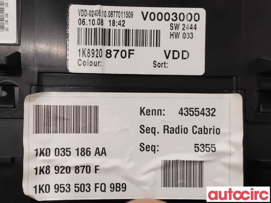 Instrumentpanel til VW Scirocco 2008-2013  (VOLKSWAGEN|1K8920870FX|110080387009|1K8920870F)