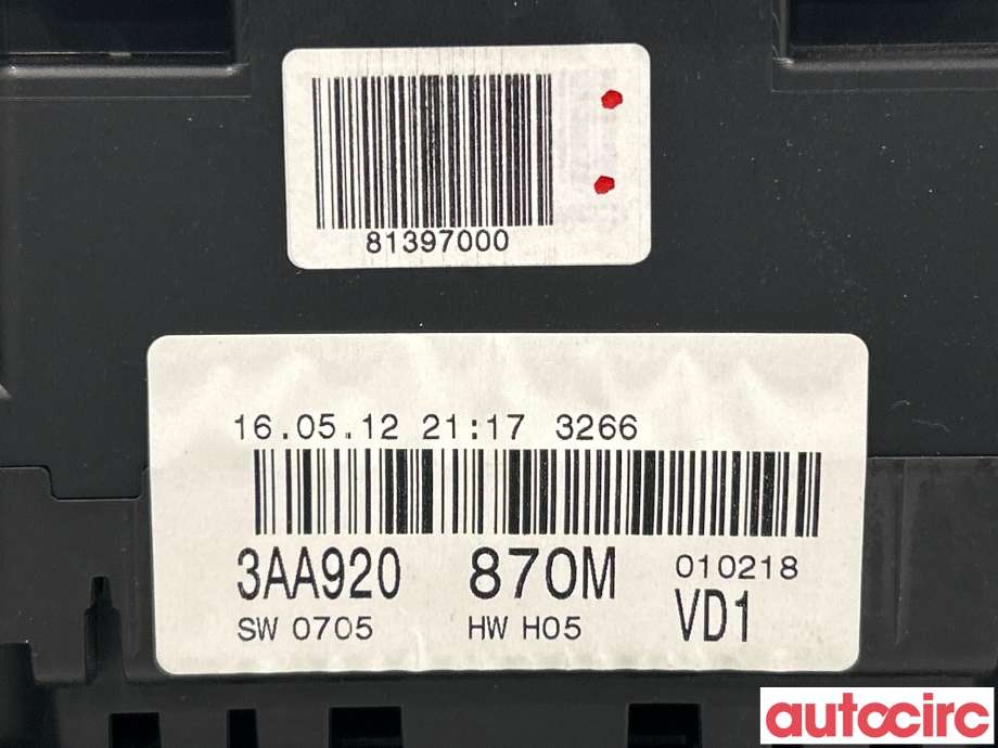 Instrumentpanel til VW Passat 2011-2015 (B7) (B7) (VOLKSWAGEN|3AA920870MX||3AA920870M)