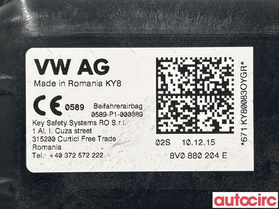 Airbag passasjer til VW Golf VII 2012-2017 (Fase 1)  (VOLKSWAGEN|8V0880204M|8V0880204G|8V0880204E)
