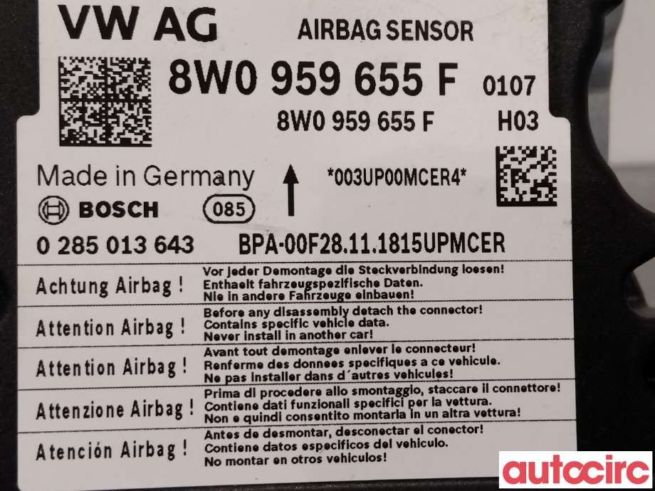 Airbag elektronikk til Audi A4 2020-->> (Type V, Fase 2) (B9) (B9) (AUDI|8W0959655F|0285013643)