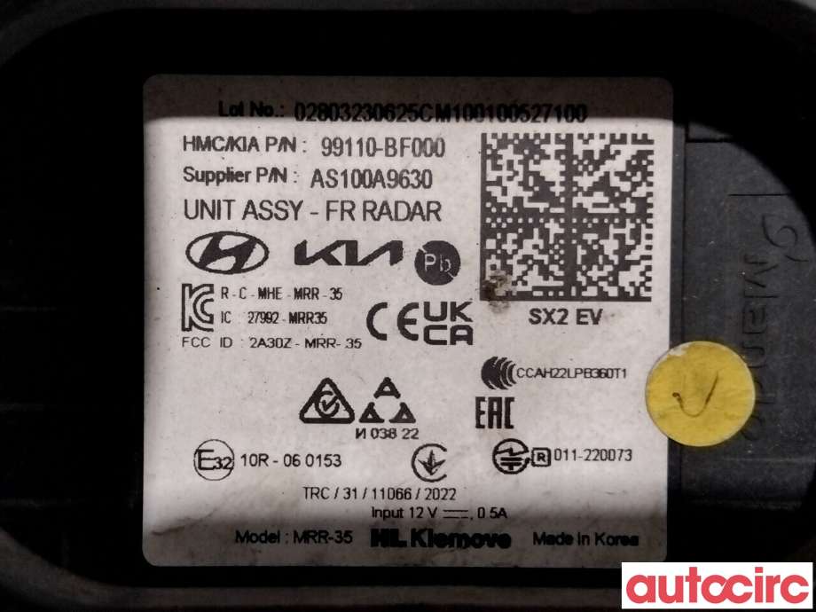 Sensor radar til Hyundai Kona 2021-2023 (Type I, Fase 2) (HYUNDAI|99110BF000|AS100A9630|98110-BF000)