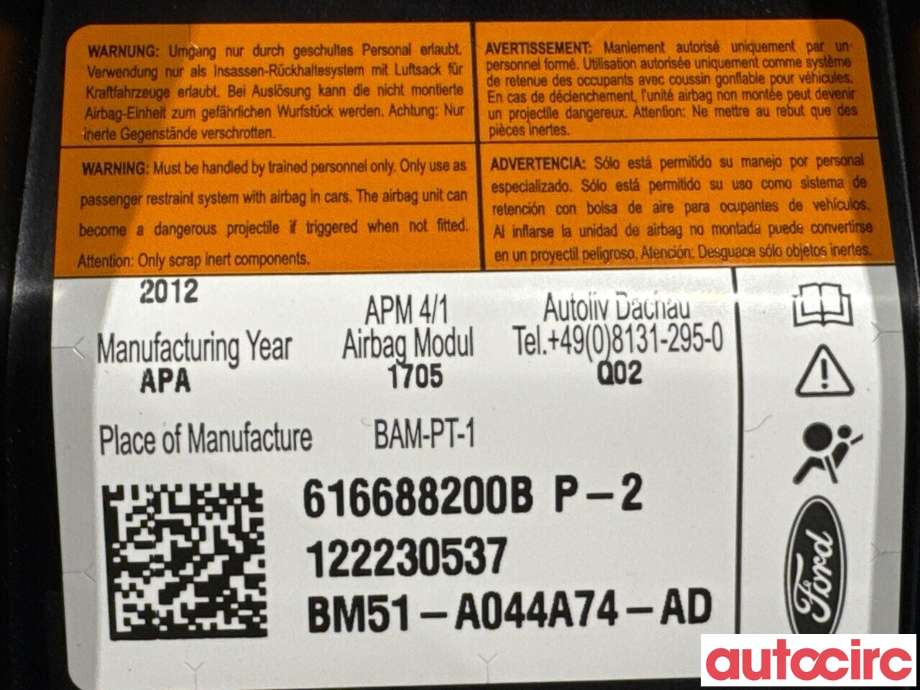Airbag passasjer til Ford Focus 2011-2014 (Type III, Fase 1)  (FORD|1780159|616688200B|BM51-A044A74-AD)