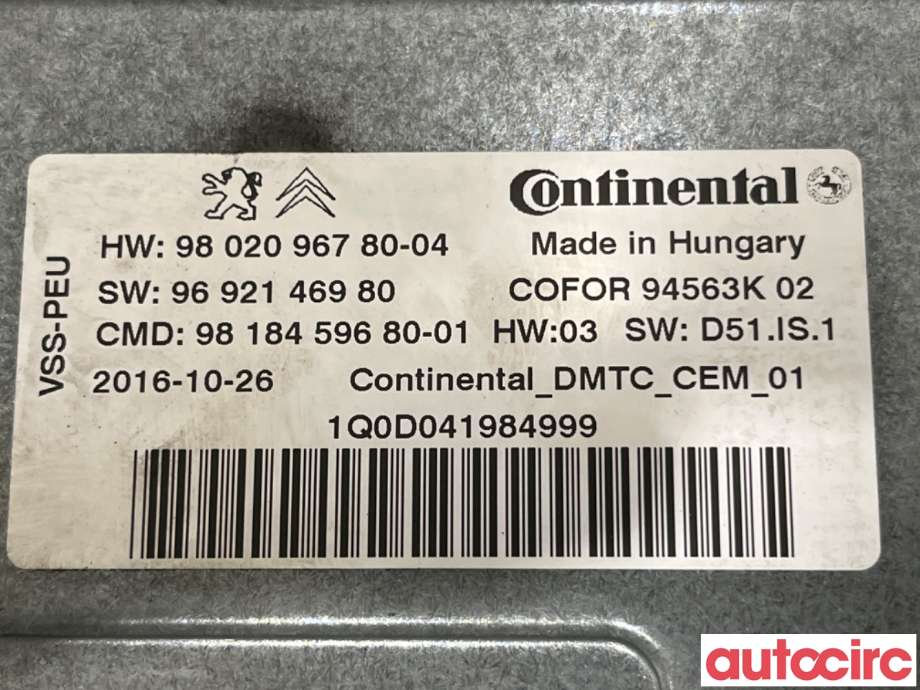 Styreenhet tenning til Peugeot Partner 2015-2019 (Type II, Fase 2) (PEUGEOT|9818459680|94563K|9802096780)