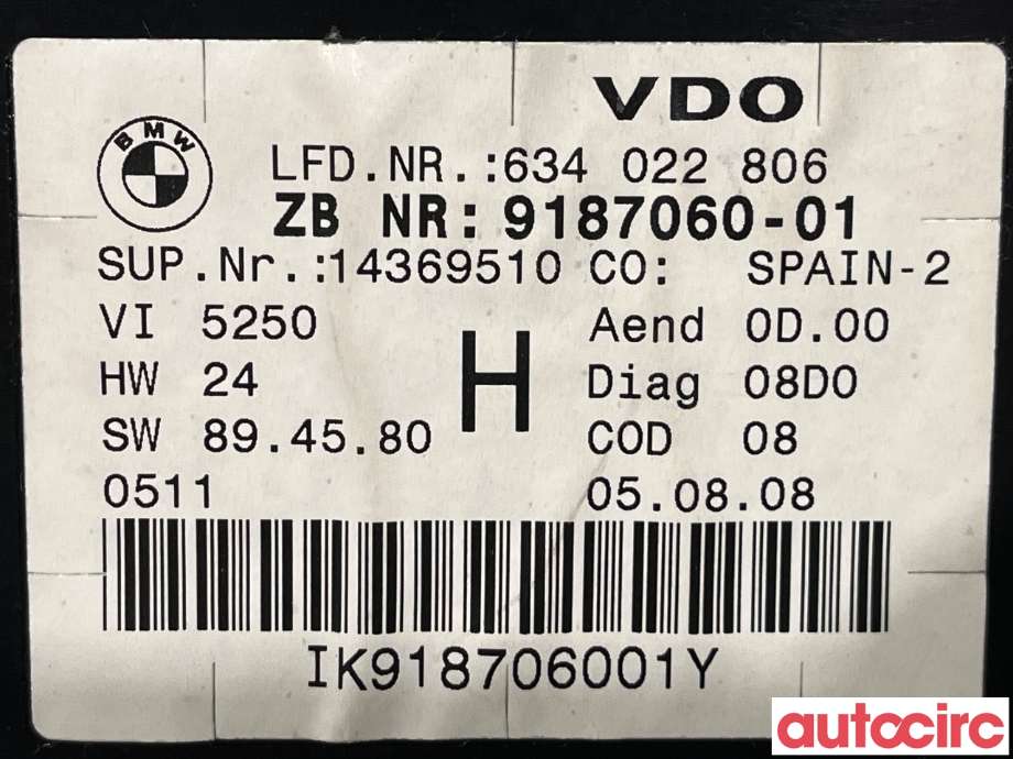 Instrumentpanel til BMW 3-Serie 2005-2011 (E90/E91/E92/E93) (E90/E91/E92/E93) (BMW|62109316127|9187060)