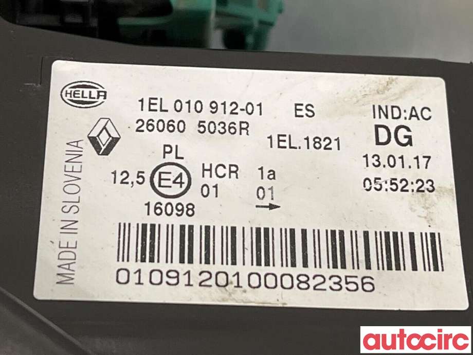 Frontlykt venstre halogen til Renault Zoe 2013-2019 (Fase 1)  (RENAULT|260609522R|1EL010912-01|260605036R)