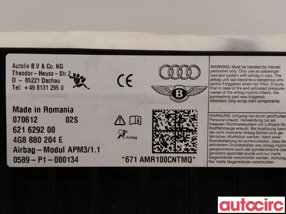 Airbag passasjer til Audi A7 2010-2014 (Type I, Fase 1) (AUDI|4G8880204E)