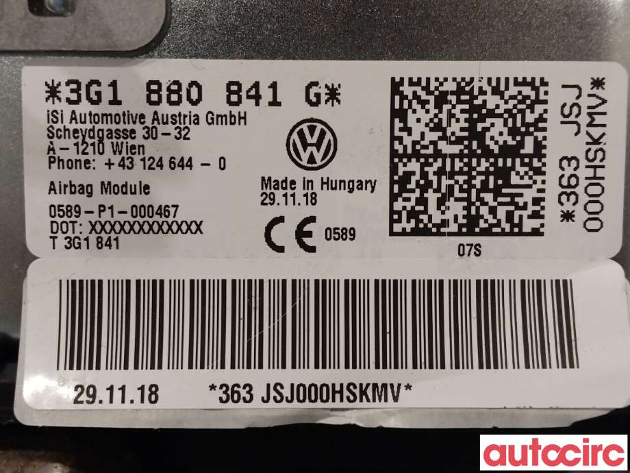 Airbag kne til VW Passat 2015-2019 (Fase 1) (B8) (B8) (VOLKSWAGEN|3G1880841G)