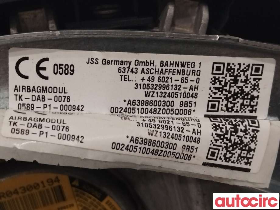 Airbag rattpute til Mercedes Vito/Viano 2010-2014 (Fase 2) (W639) (W639) (MERCEDES|A6398600300)