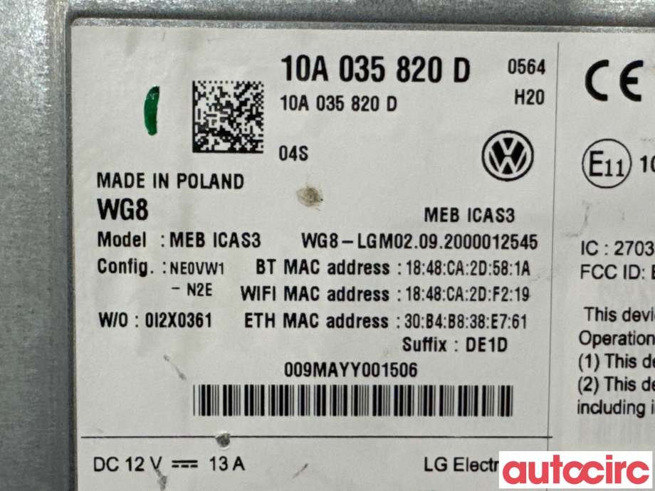 Bilstereo diverse til VW ID.3 2020-->>  (VOLKSWAGEN|10A035820M|MEBICAS3|10A035820D)