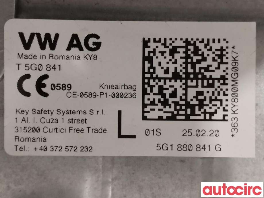 Airbag kne til Škoda Octavia 2017-2020 (Type III, Fase 2)  (SKODA|5G1880841G|CE-0589-PT-000236|5G1880841H)