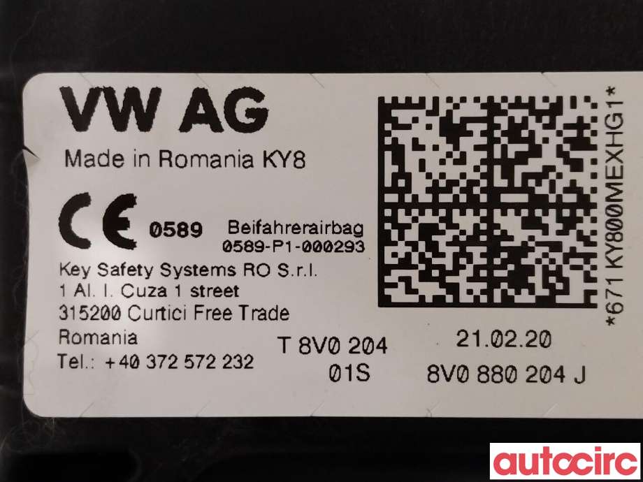Airbag passasjer til Škoda Octavia 2017-2020 (Type III, Fase 2)  (SKODA|8V0880204G|8V0880204J)