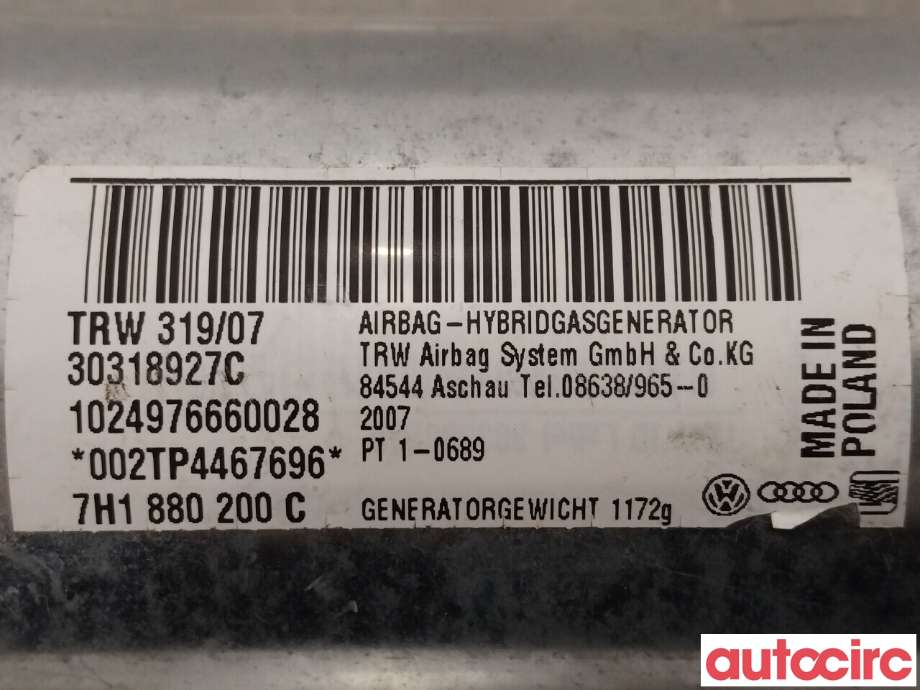 Airbag passasjer til VW Transporter / Caravelle 2003-2009 (Fase 1) (T5) (T5) (VOLKSWAGEN|7H1880200C)